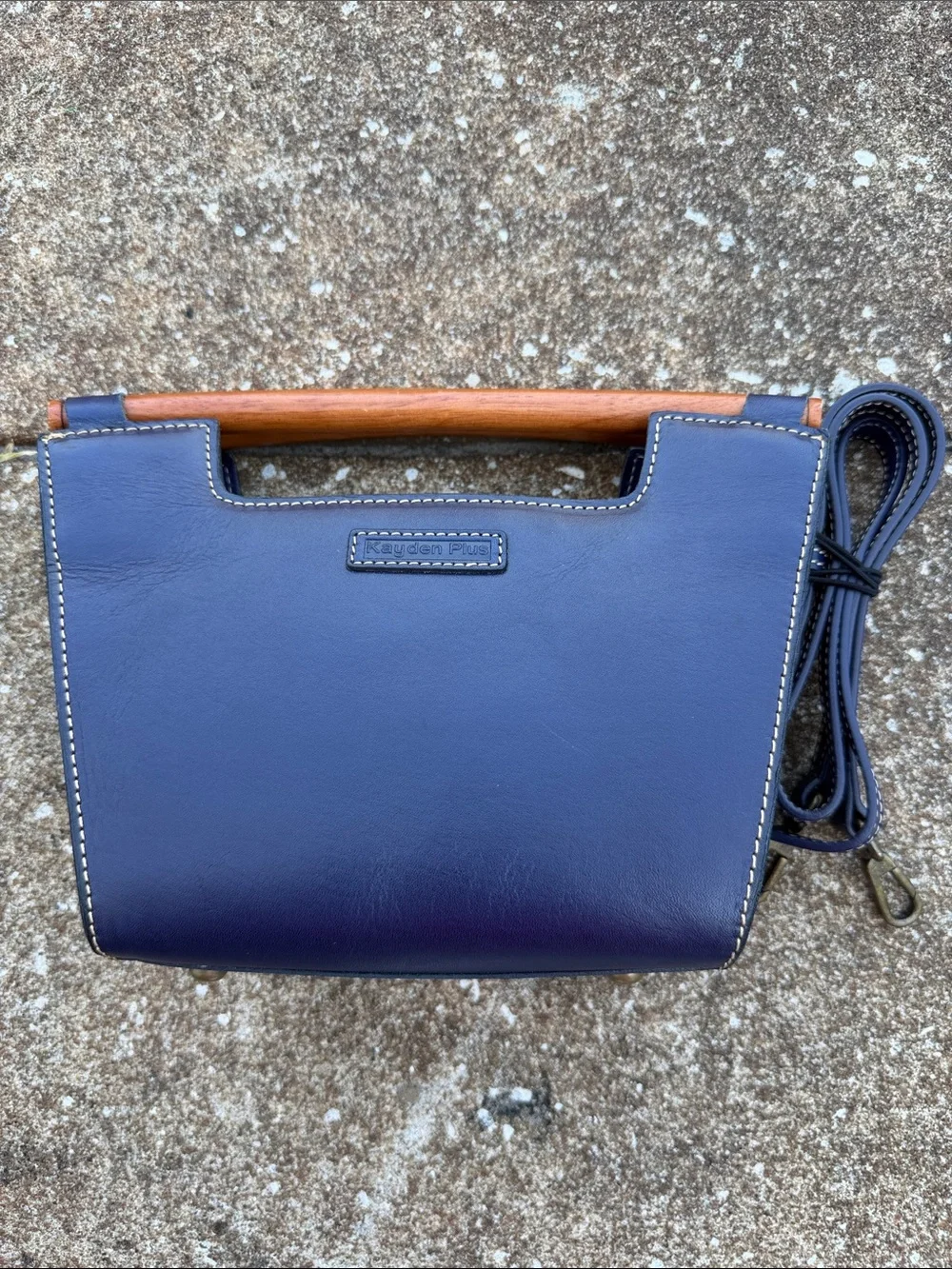 Kayden Plus Navy Leather Top-Handle Crossbody Bag with Wood Accent. NWOT